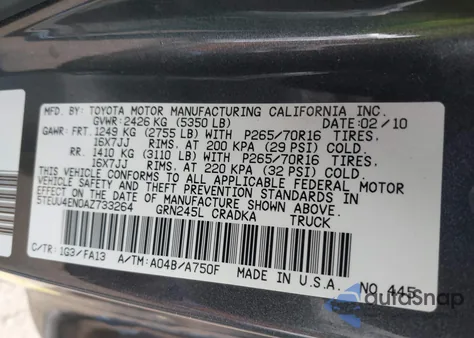 2010 Toyota Tacoma Base V6 z USA, uszkodzony, nr VIN 5TEUU4EN0AZ733264